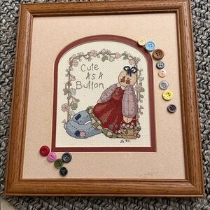 vintage Cross-Stitch Snowman with quilt and heart Rare Framed Christmas